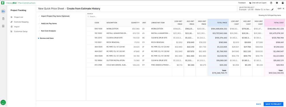 heavybid pre-con review pay items